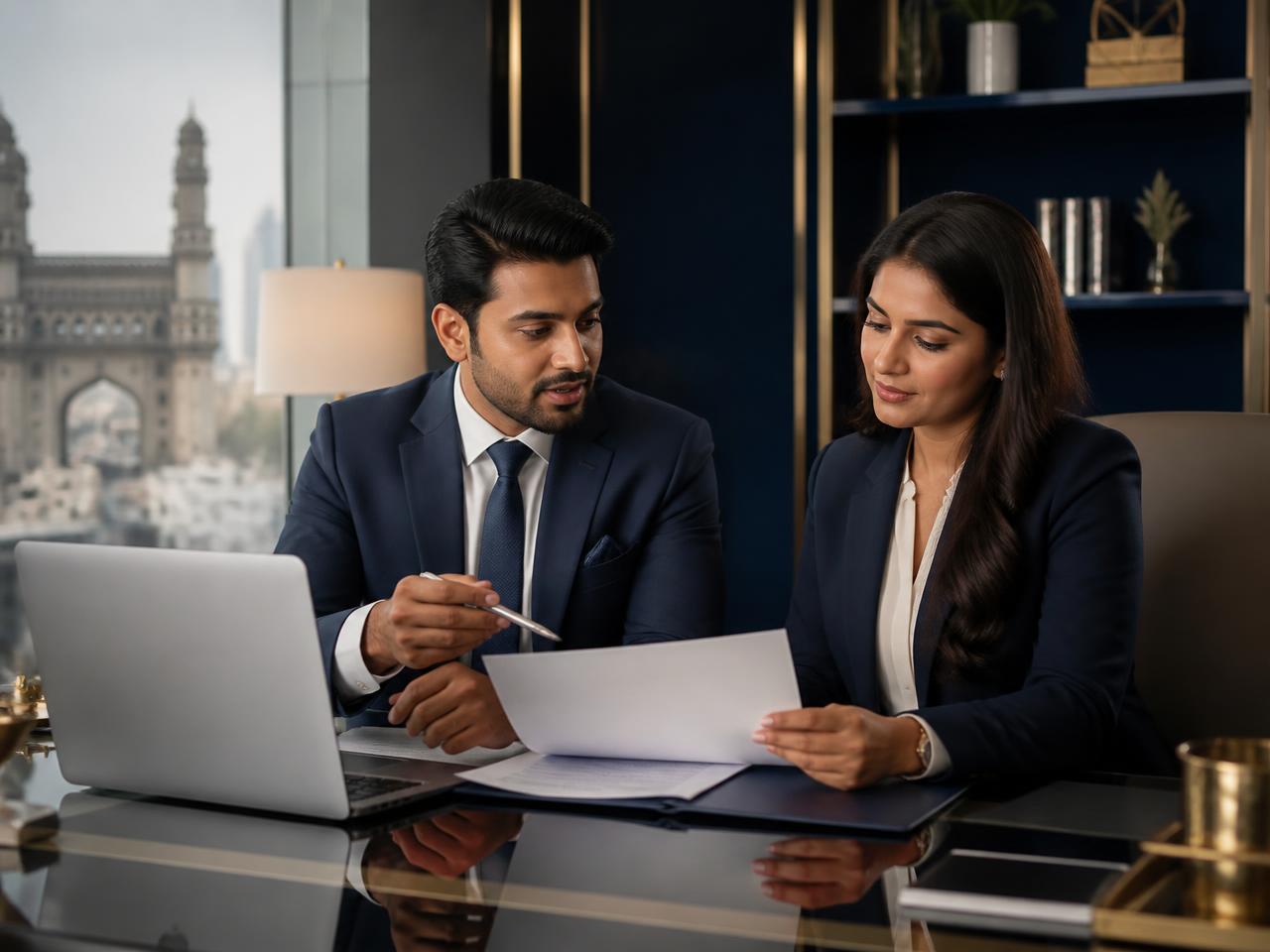 UNOS Tax Consultancy advisors reviewing financial documents in their Hyderabad office