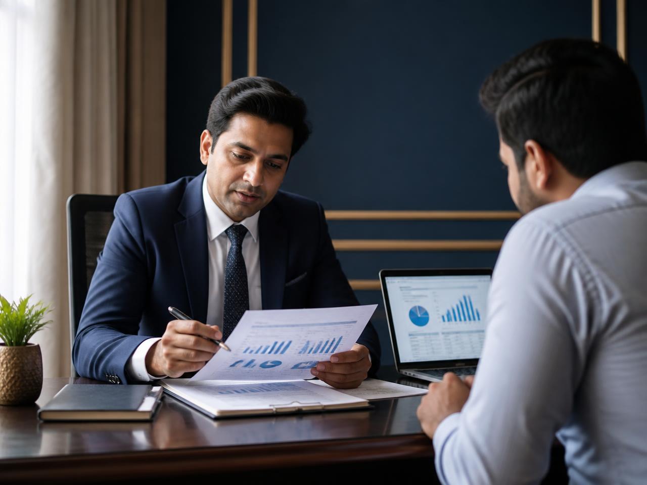 A tax consultant reviewing financial statements with a client at UNOS Tax Consultancy